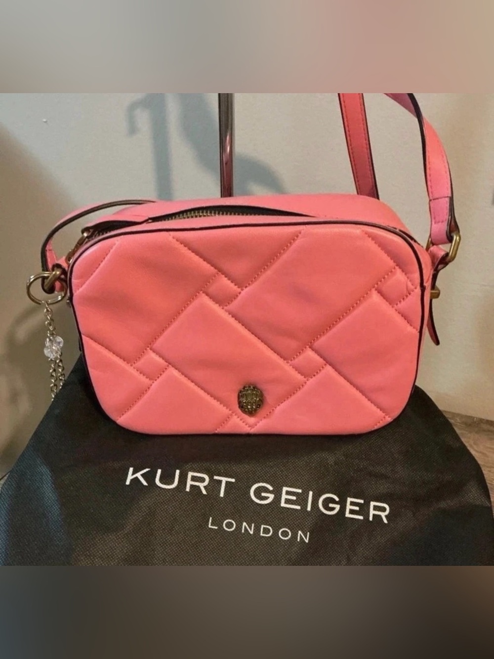 Kurt Geiger Pink Coral Quilted Crossbody Camera Bag Eagle Head Dustbag EUC